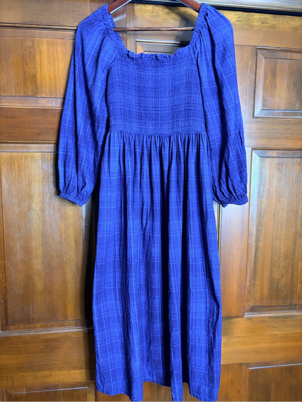 100% Cotton Smocked Cobalt Royal Navy Blue Plaid J Crew Midi Dress Puff Sleeves